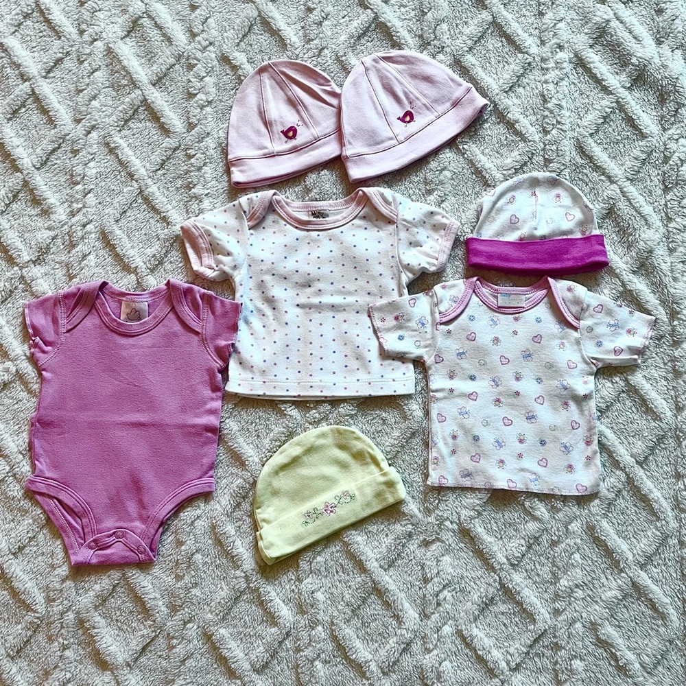 Baby Girl Onesie Tops Hats Essentials 7 piece Basics Pink White Yellow 3-6 M